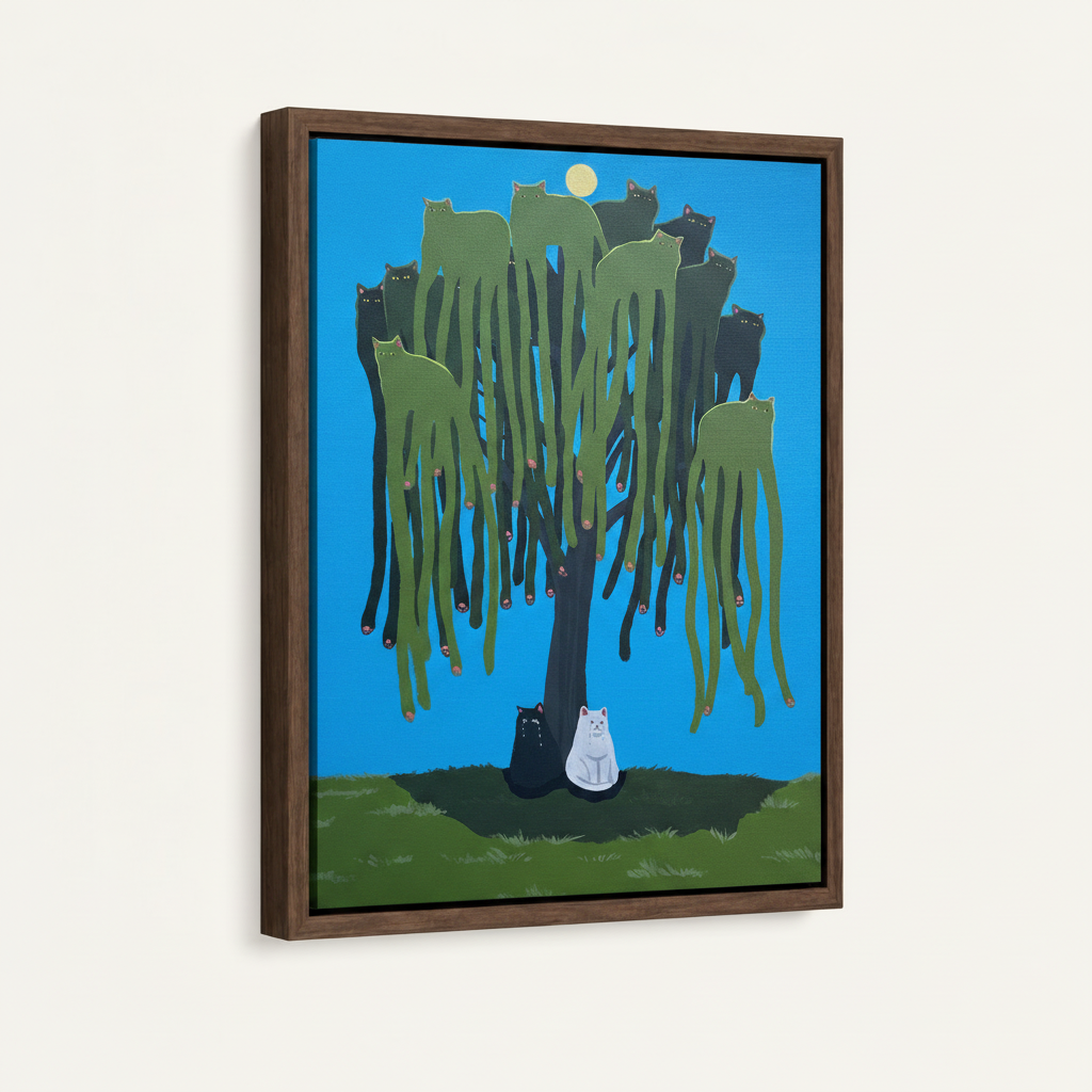 Framed canvas wall art with cats in willow tree, dark walnut float frame, angled product view