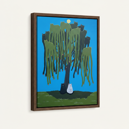 Framed canvas wall art with cats in willow tree, dark walnut float frame, angled product view