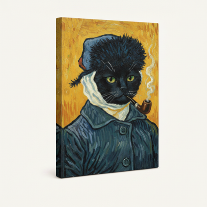 Black cat with pipe gallery wrap canvas print at angle, no frame, white background