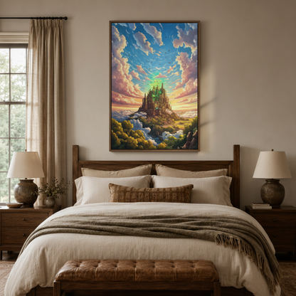 Magical fantasy castle canvas print in bedroom – epic gothic tower illustration with golden sky above bed by Aurewall