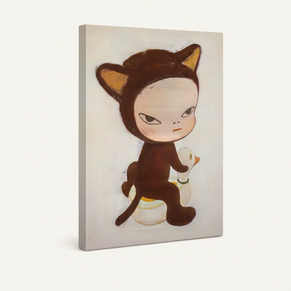 Stretched canvas of cute cat girl riding white duck, Yoshitomo Nara style illustration, side view