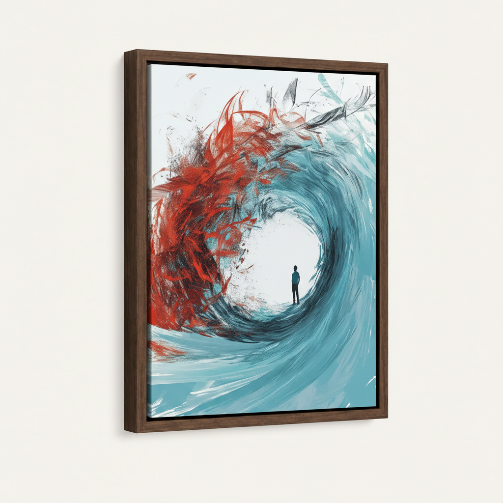 Abstract wave canvas wall art in dark walnut float frame, angled product view on white background