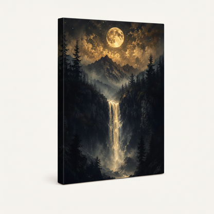 Dark fantasy moonlit forest waterfall stretched canvas print – unframed epic oil painting with deer herd and silver waterfall glowing under dramatic full moon by Aurewall