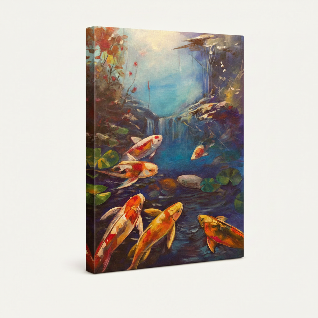 Framed koi fish oil painting canvas art in dark walnut floating frame, product mockup on white background