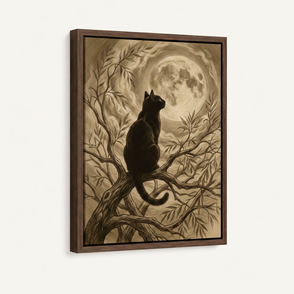 Black cat full moon vintage canvas in dark walnut float frame, angled product shot on white background