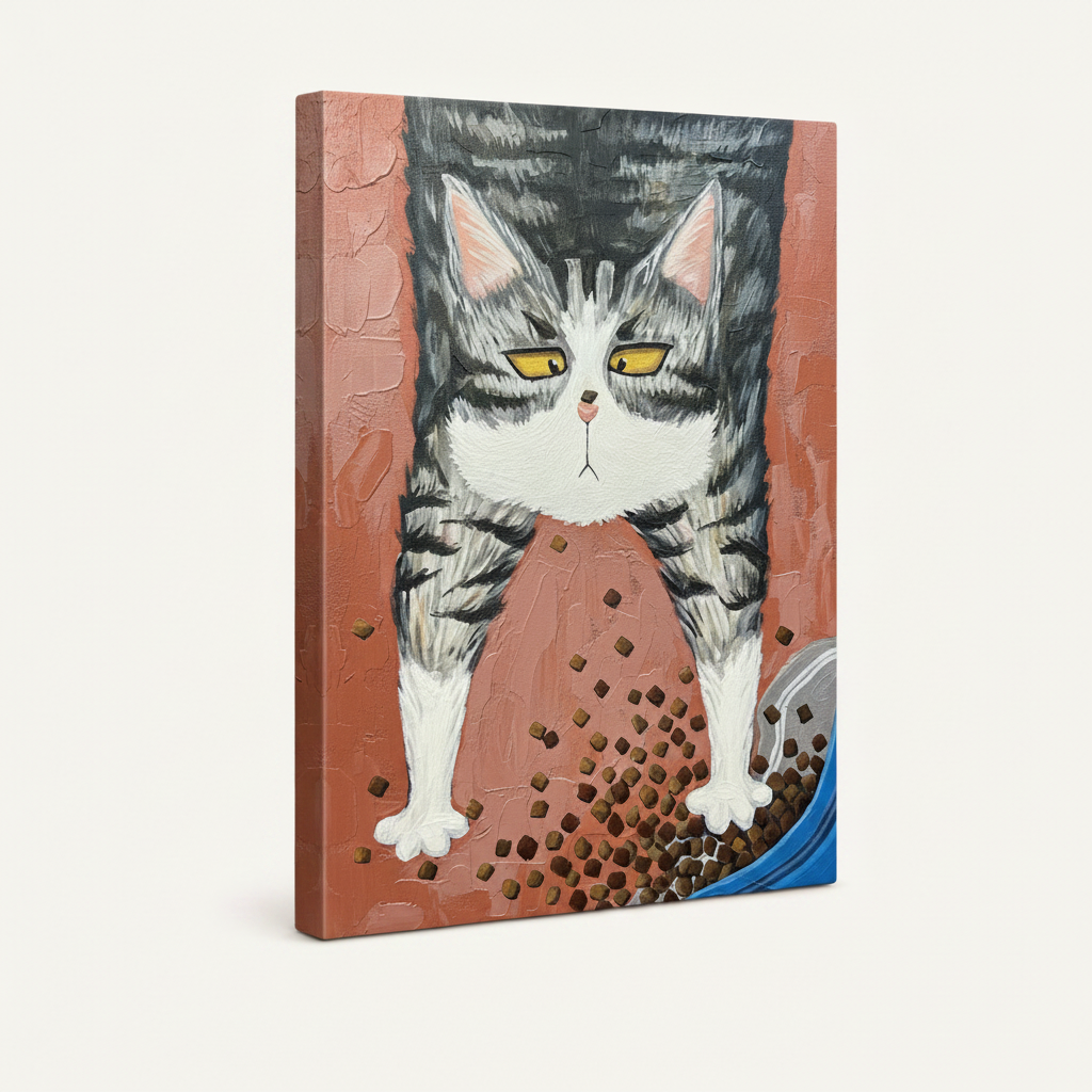 Gallery wrap canvas of whimsical grumpy cat oil painting shown at angle on white background, no frame