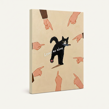 Gallery wrapped canvas of black cat with pointing fingers, cream painted sides, angled product view on white background