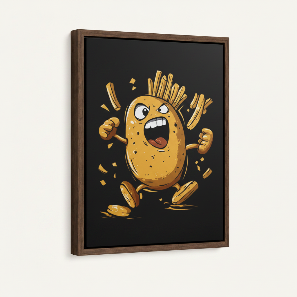 Angry potato comic art dark walnut float frame product shot on white background side angle view