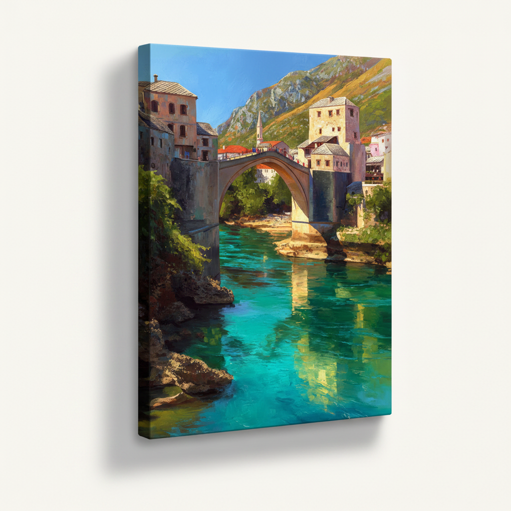 Realist European river town stretched canvas print – unframed oil painting with vivid turquoise canyon river and ancient stone architecture by Aurewall
