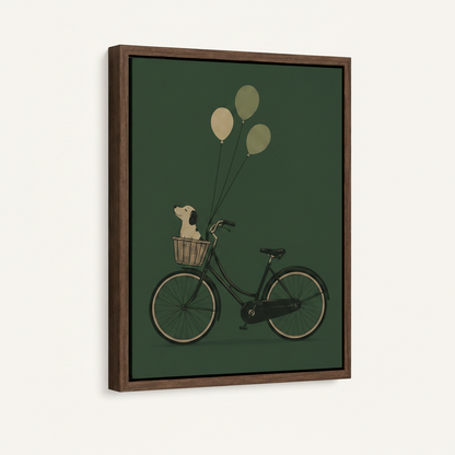 Dog on bicycle minimalist canvas in dark walnut float frame at 3/4 angle on white background