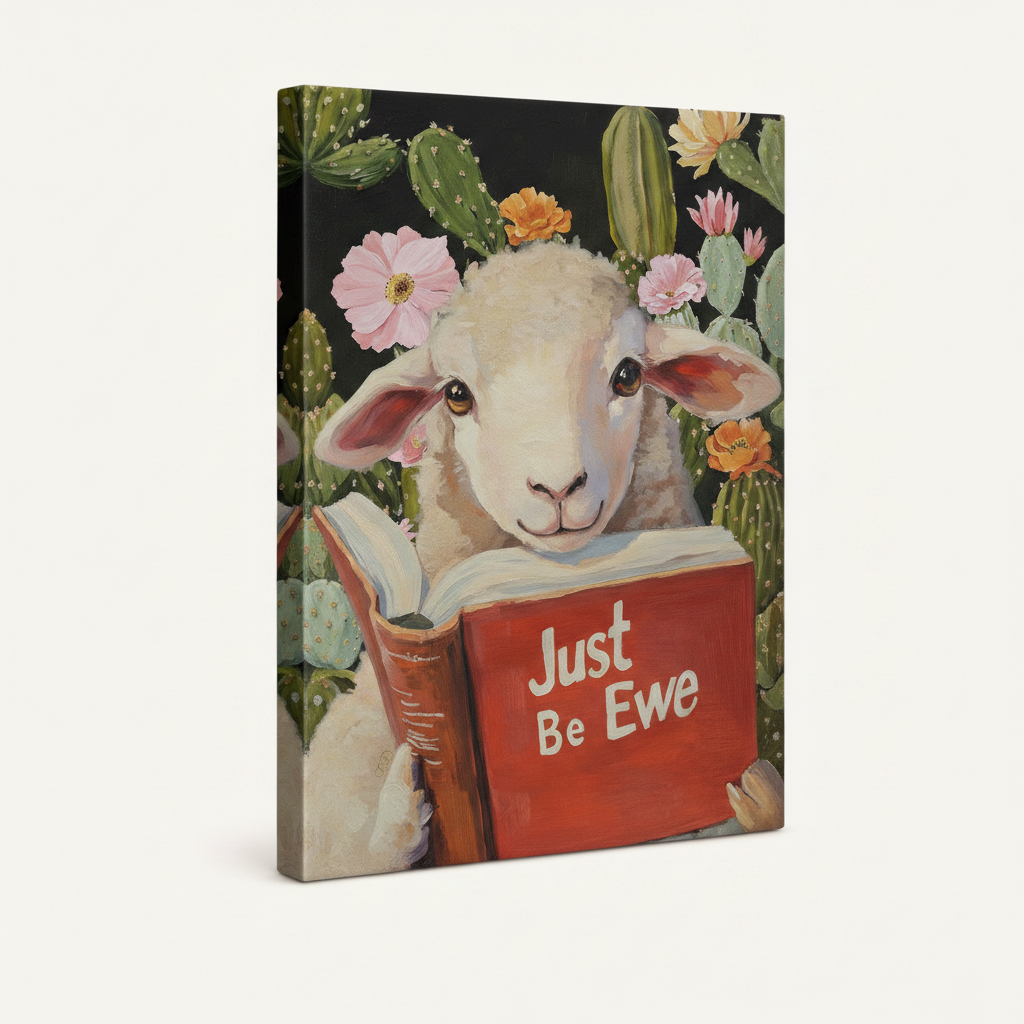 Stretched gallery wrap canvas of lamb reading "Just Be Ewe" surrounded by cacti and flowers, side angle