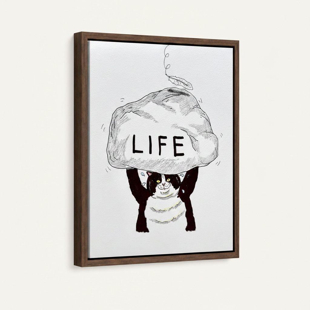 Funny cat LIFE sketch canvas in dark walnut float frame, 3/4 angle product view