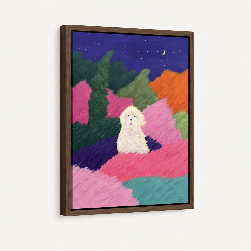 White dog colorful night sky oil painting in dark walnut floating frame, angled product view on white background