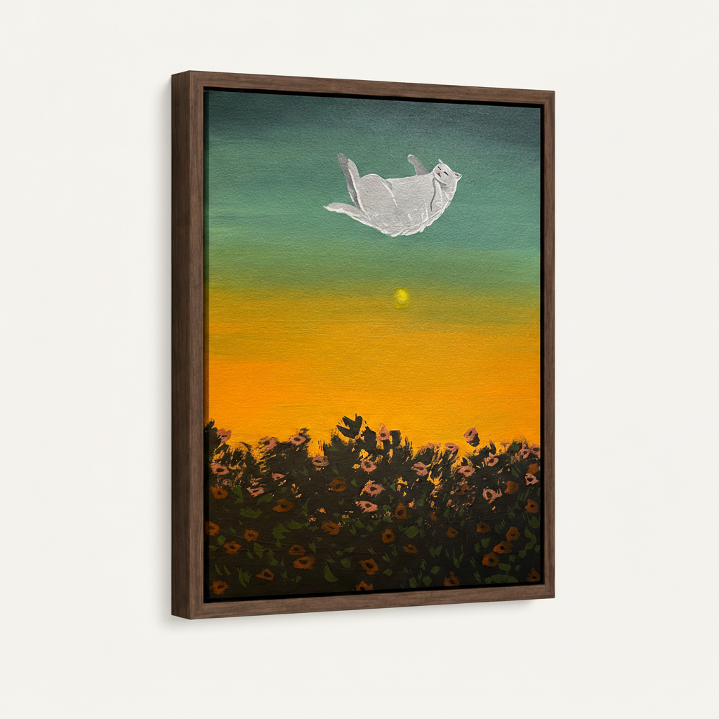 Framed float canvas of white cat drifting above golden sunflower field at sunset, angled side view