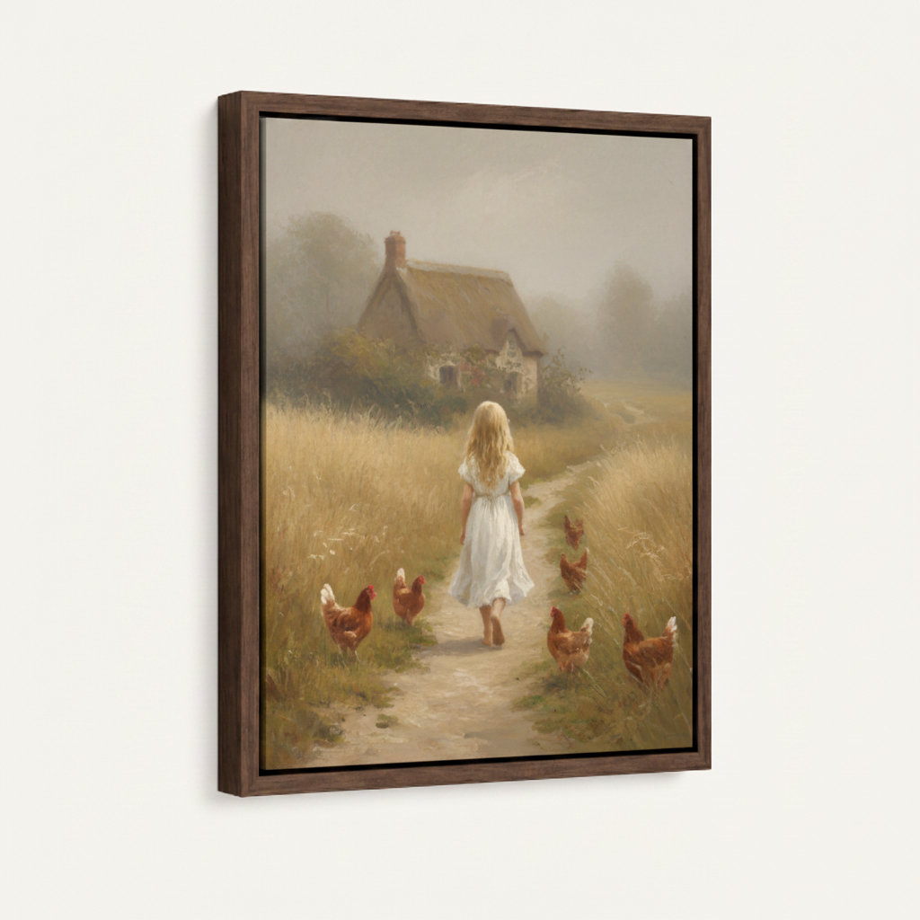 Farmhouse girl chickens framed canvas wall art – rustic oil painting with white dress girl walking golden path surrounded by hens by Aurewall
