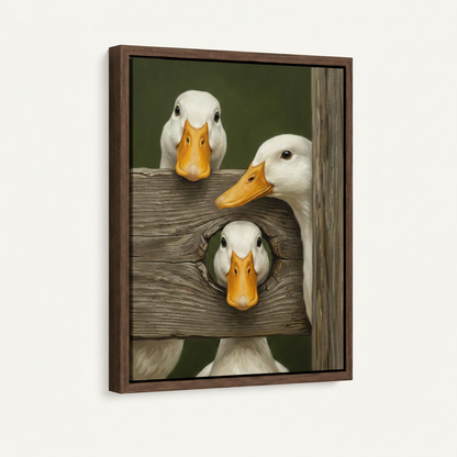 White ducks peeking fence realistic canvas in dark walnut float frame, angled product shot on white background