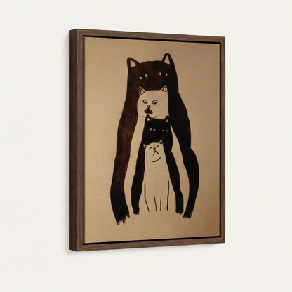 Four cats totem ink illustration in dark walnut floater frame, 3/4 angle view on off-white background
