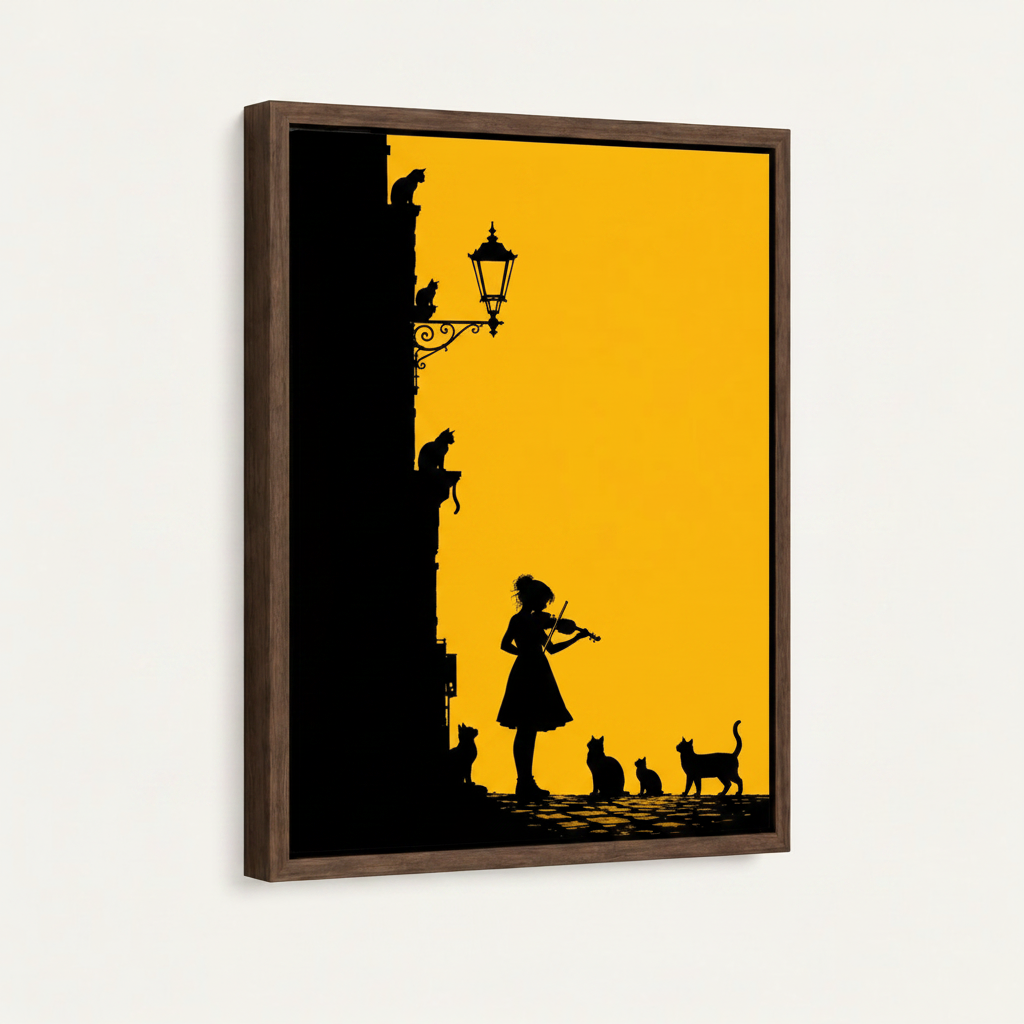 Golden silhouette violinist and cats canvas in dark walnut floater frame, 3/4 angle on off-white background