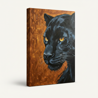 Black panther gallery wrap canvas print shown at angle with wrapped sides visible on white background