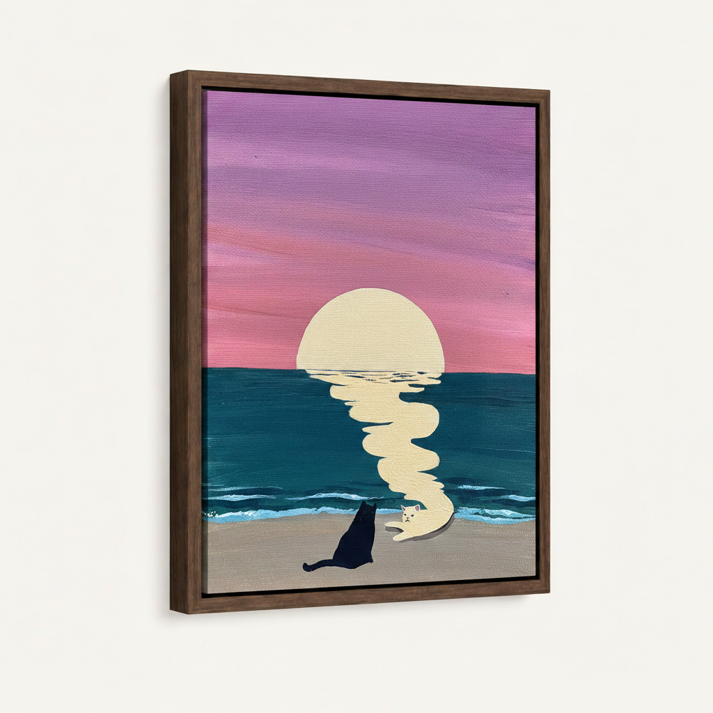 Framed sunset beach cats canvas in dark walnut floater frame shown at 3/4 angle on white background