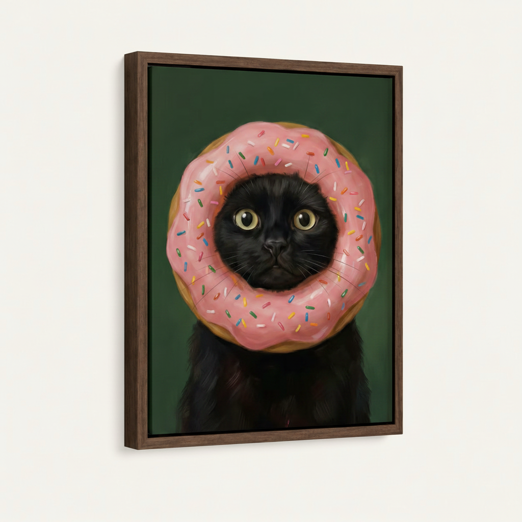 Dark walnut framed canvas of a black cat wearing a pink sprinkle donut, angled product view