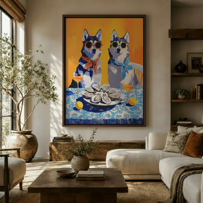 Large pop art husky dogs canvas in Japandi living room above wooden sideboard