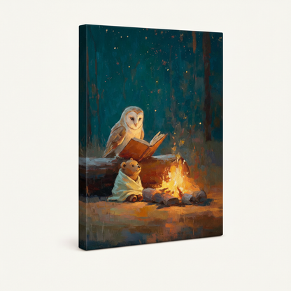 Stretched canvas of barn owl reading to bear cub by campfire, starry night oil painting style