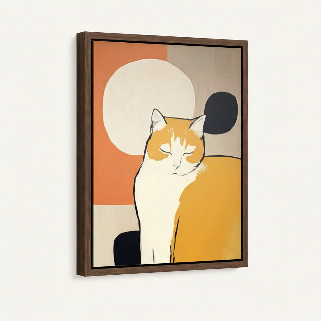 Boho abstract cat canvas in dark walnut float frame at 3/4 angle on white background
