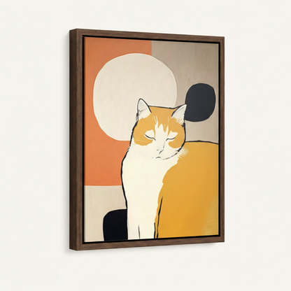 Boho abstract cat canvas in dark walnut float frame at 3/4 angle on white background