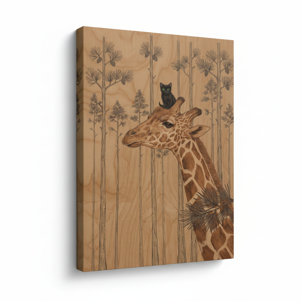 Gallery wrap stretched canvas side view of giraffe cat wood engraving art print