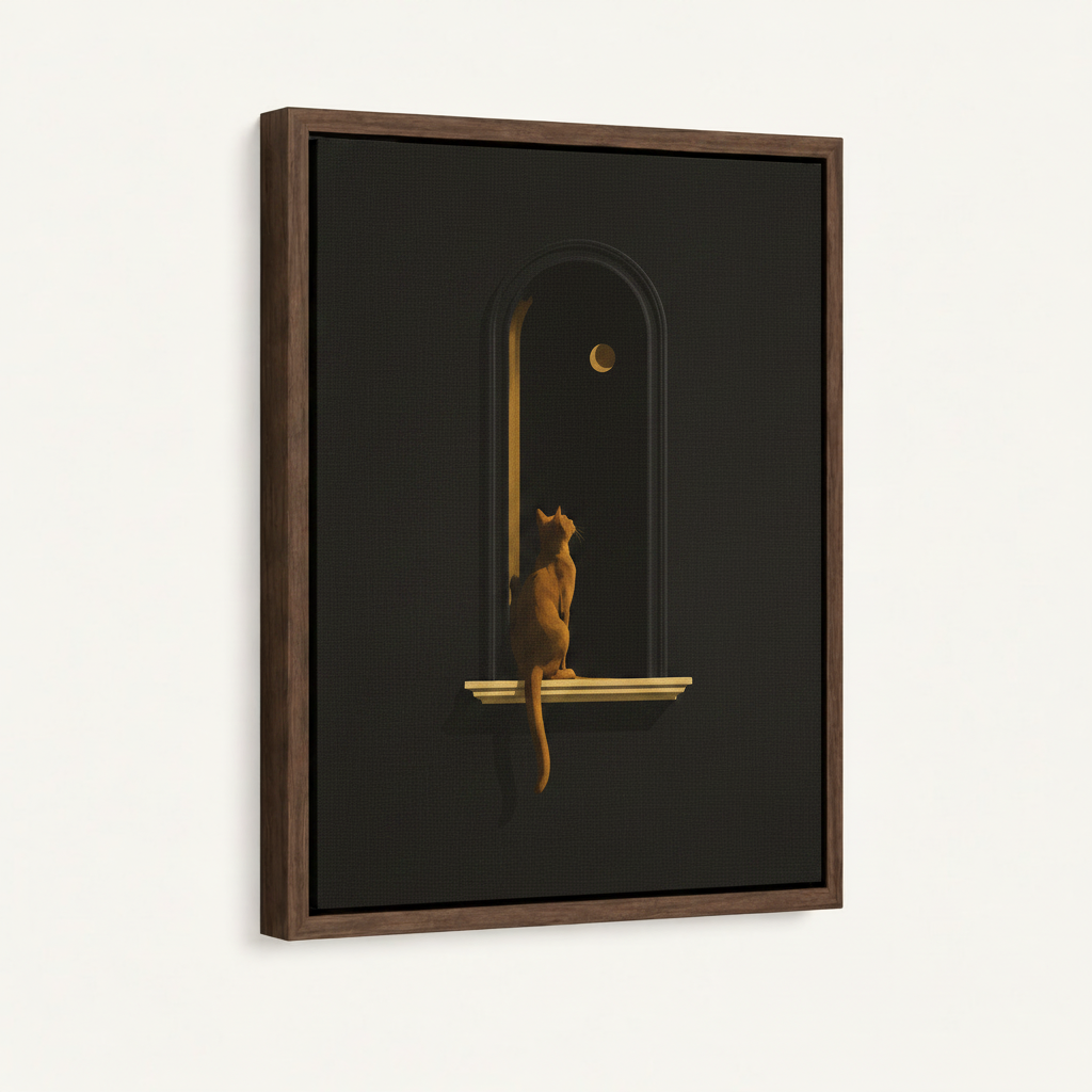 Cat watching moon minimalist canvas in dark walnut float frame at 3/4 angle on white background
