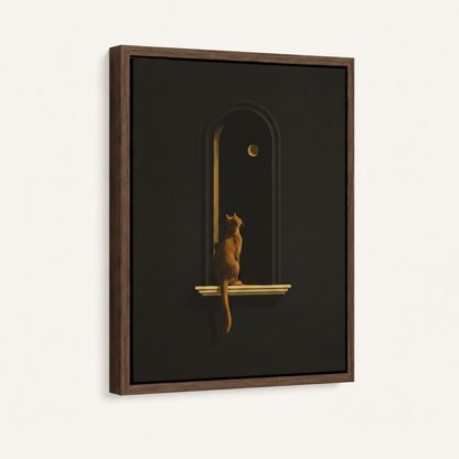 Cat watching moon minimalist canvas in dark walnut float frame at 3/4 angle on white background