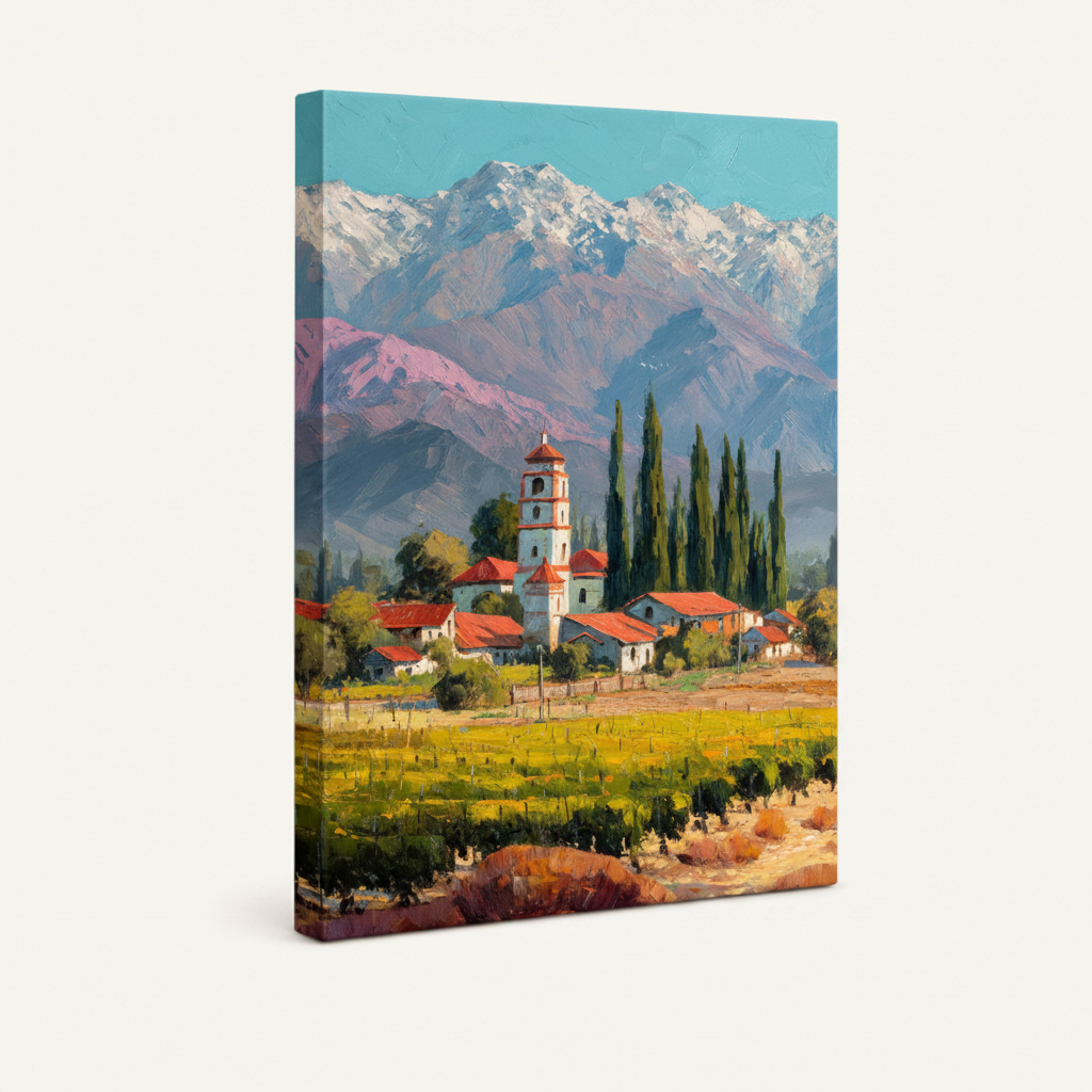 Tuscany alpine village stretched canvas print – unframed impressionist oil painting with terracotta rooftops vineyards and snowy alpine peaks by Aurewall