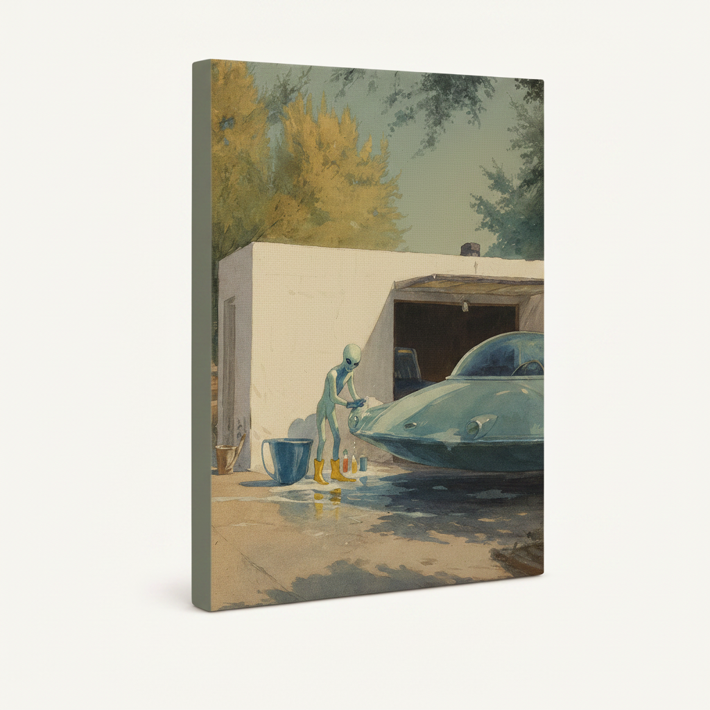 Stretched gallery wrap canvas of alien scrubbing UFO in suburban driveway, side view on white