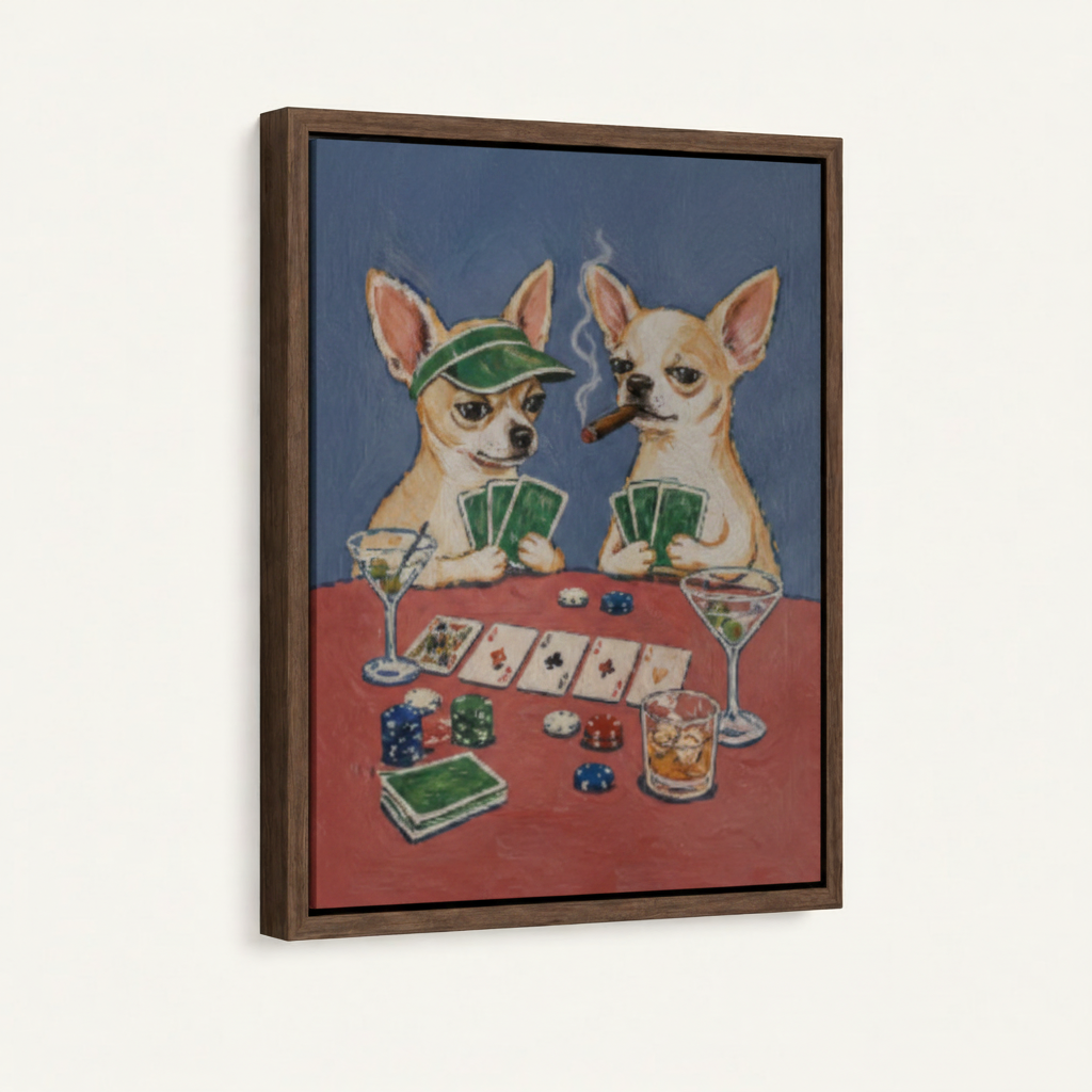Two chihuahuas playing poker framed canvas wall art on white background, dark walnut float frame