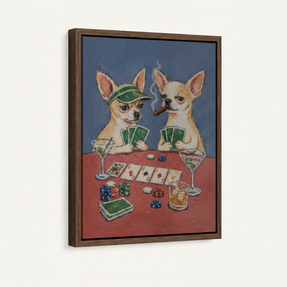 Two chihuahuas playing poker framed canvas wall art on white background, dark walnut float frame