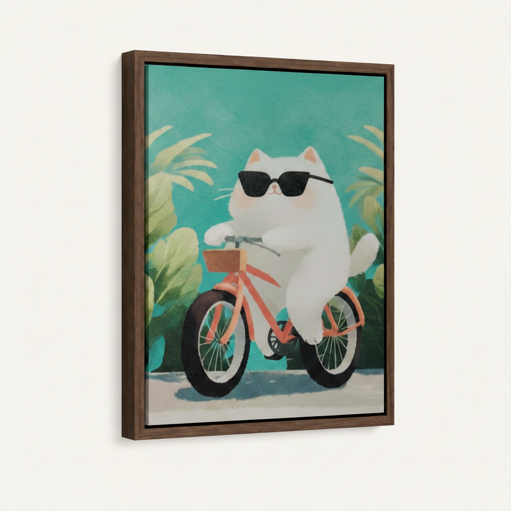 Framed float canvas of chubby white cat in sunglasses riding coral pink bicycle, angled view