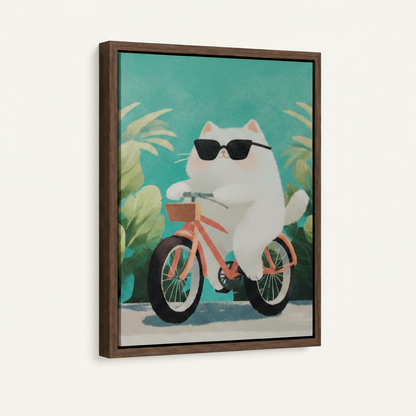 Framed float canvas of chubby white cat in sunglasses riding coral pink bicycle, angled view
