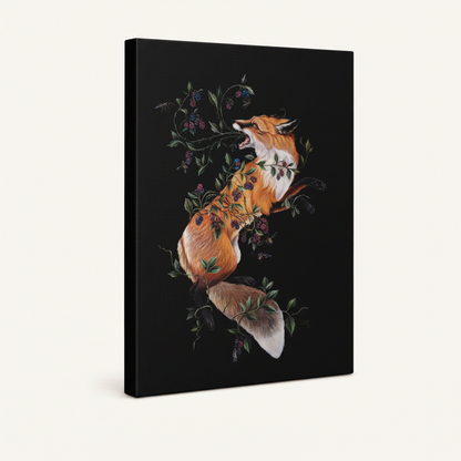 Dark fantasy leaping fox stretched canvas print – unframed dramatic oil painting with red fox leaping through scattered flowers and feathers on deep black ground by Aurewall