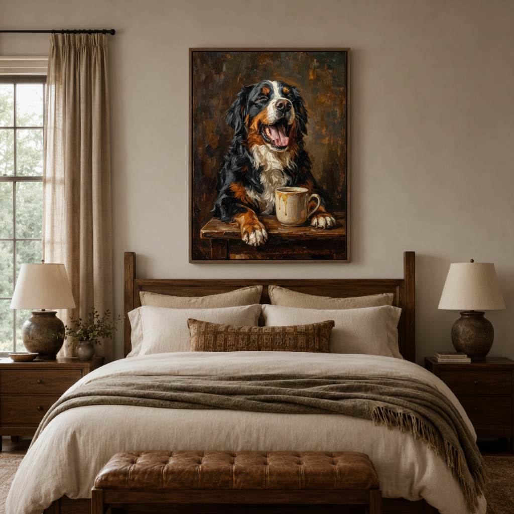 Funny Bernese Mountain Dog canvas print in bedroom – warm amber dog coffee oil painting above bed, cheerful pet lover decor by Aurewall