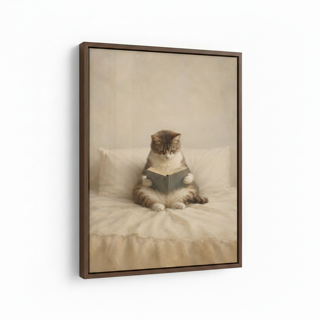 Angled view of framed canvas print featuring a chubby tabby cat reading a book, dark walnut float frame