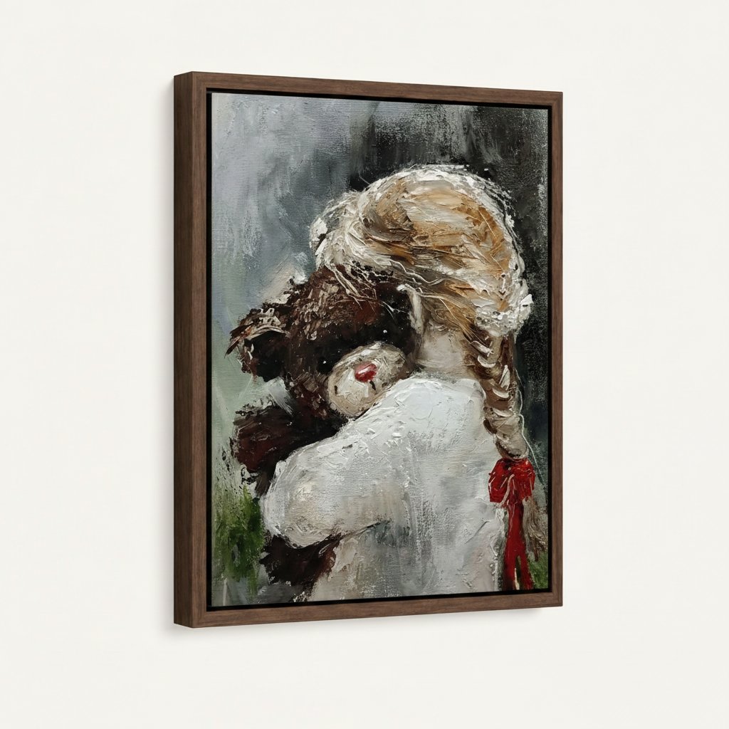 Close-up of framed girl and dog impasto canvas showing thick brushstroke texture in dark walnut float frame