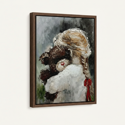 Close-up of framed girl and dog impasto canvas showing thick brushstroke texture in dark walnut float frame