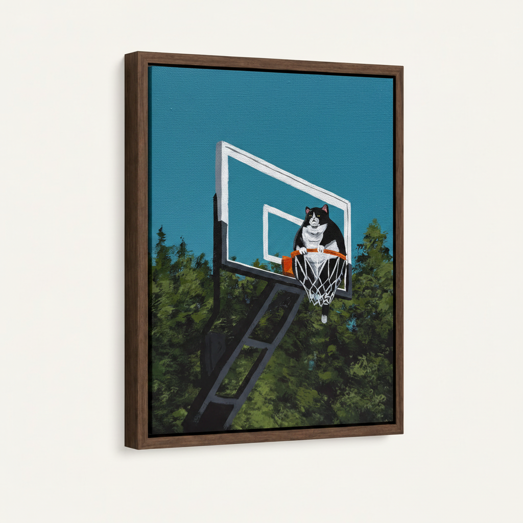 Chubby cat basketball hoop canvas in dark walnut float frame, 3/4 angle product view