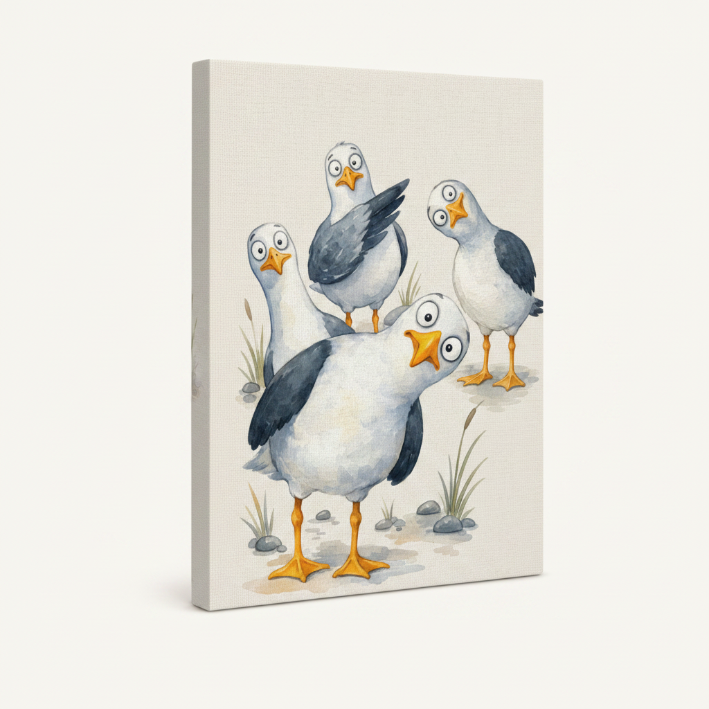 Gallery wrap canvas of four cartoon seagulls with googly eyes in watercolor style, portrait view
