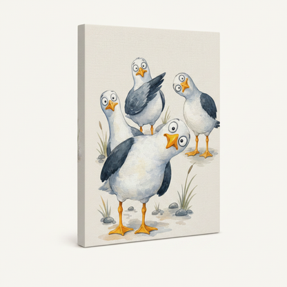 Gallery wrap canvas of four cartoon seagulls with googly eyes in watercolor style, portrait view