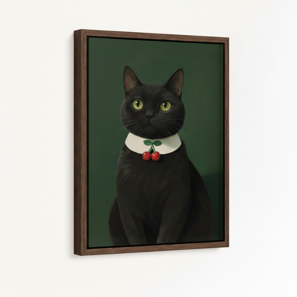 Framed black cat portrait canvas wall art on white background, 3/4 angle view