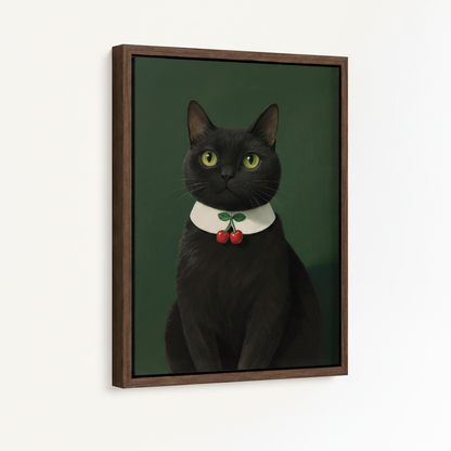 Framed black cat portrait canvas wall art on white background, 3/4 angle view