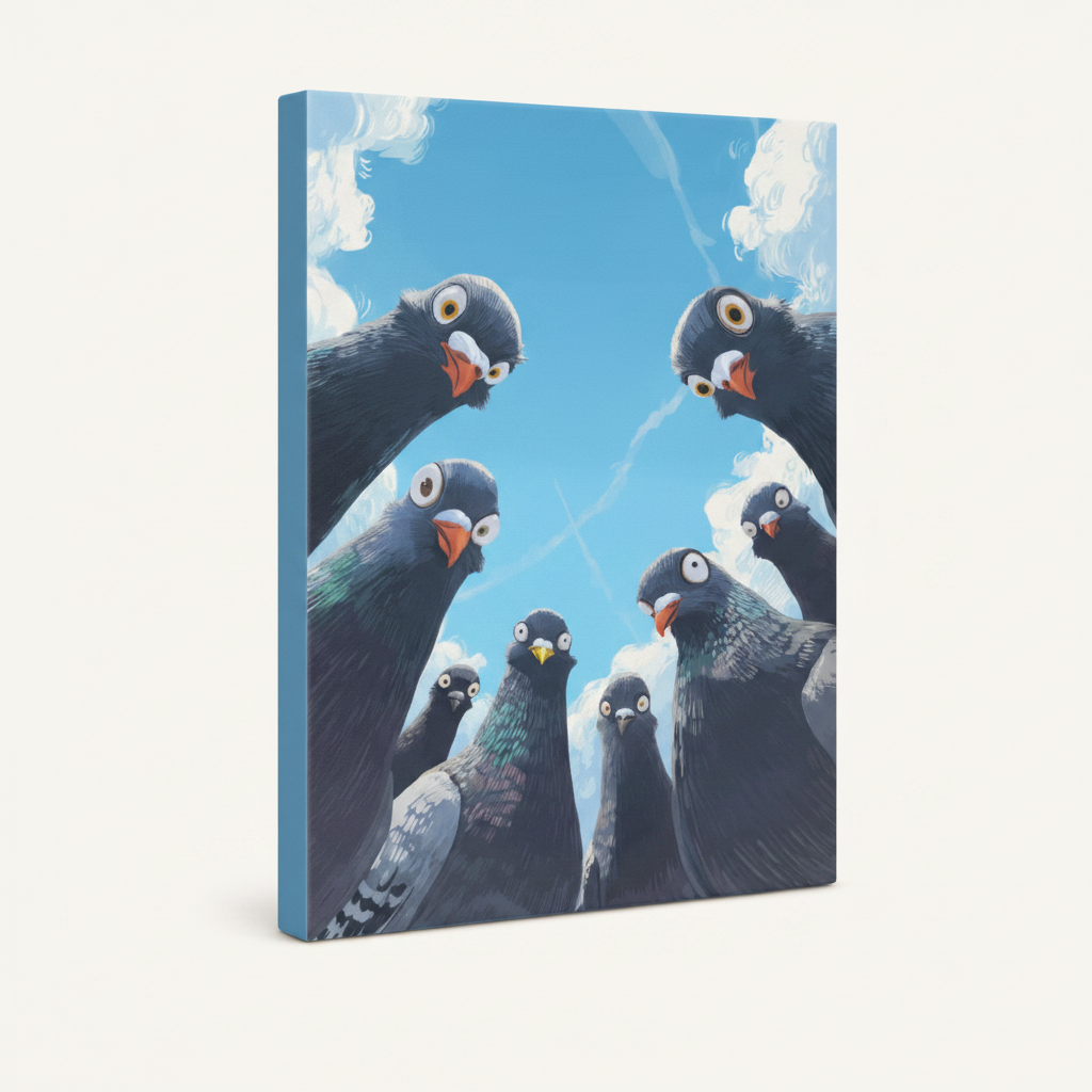 Gallery wrap canvas of cartoon pigeon flock looking down shown at angle on white background, no frame