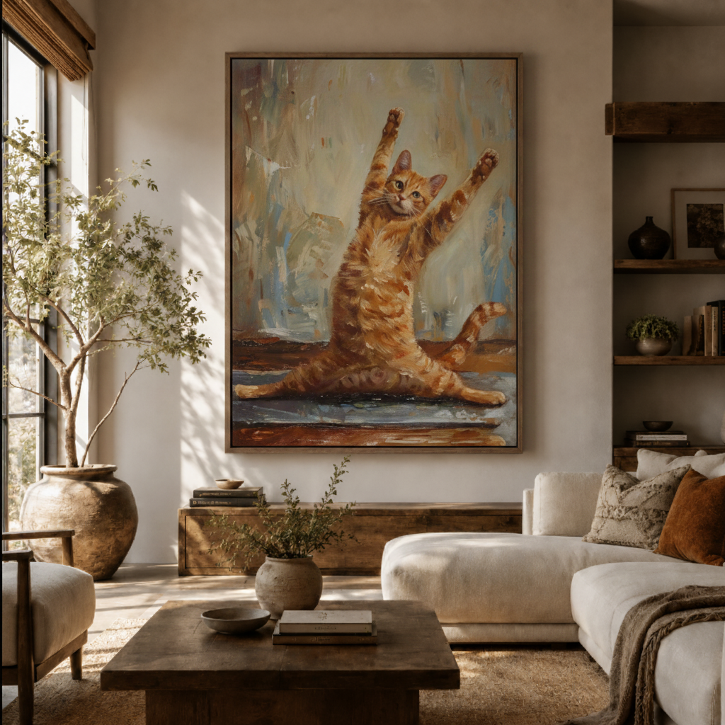 Joyful orange cat canvas wall art in living room – funny realist oil painting with ecstatic tabby cat arms open displayed above sofa by Aurewall